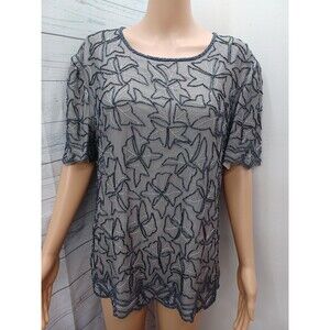 Vintage Cote d' Azur Womens Blouse Top Black Gray Beaded Shirt Evening XL